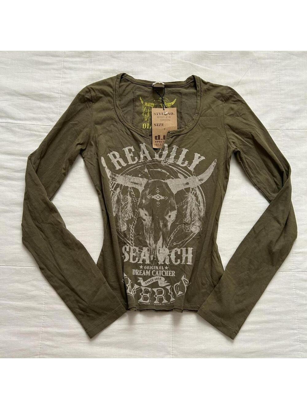 NWT D.i.a. Khaki green long sleeve top with western print Size Small